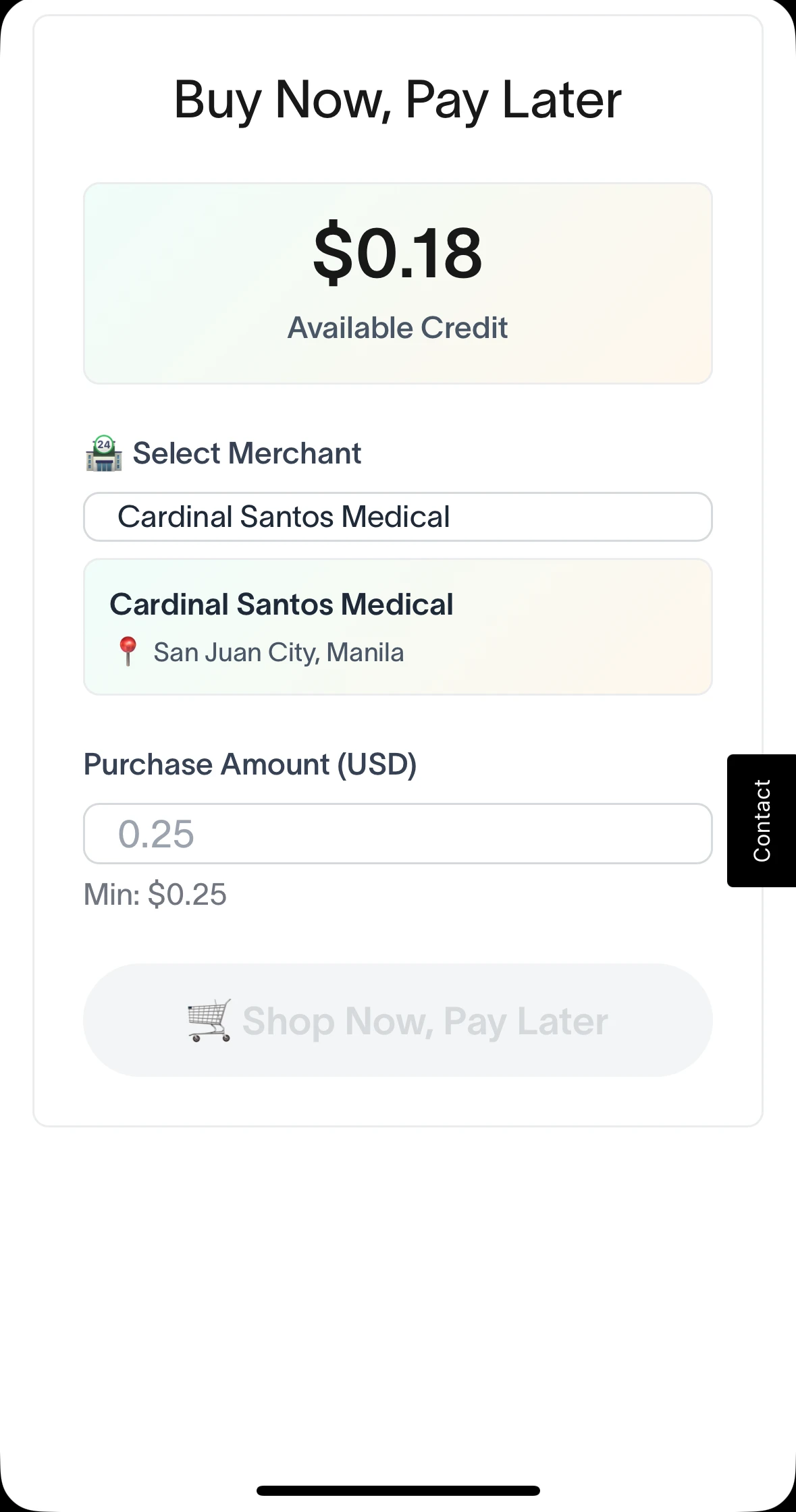 Pilot app screen: available credit and a merchant in San Juan City, Manila, with the purchase amount field